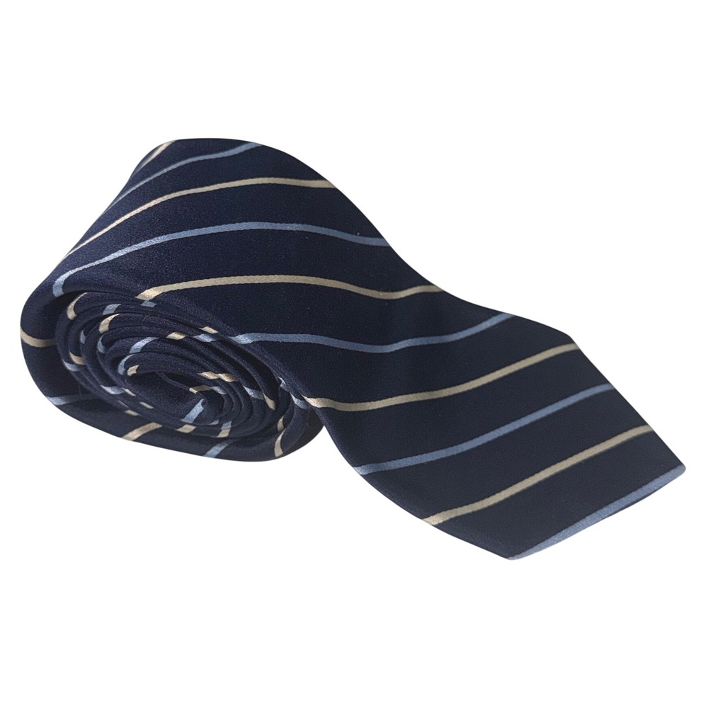Brooks Brothers 346 Mens Silk Tie Navy Blue Light Blue Tan Striped Rep Necktie